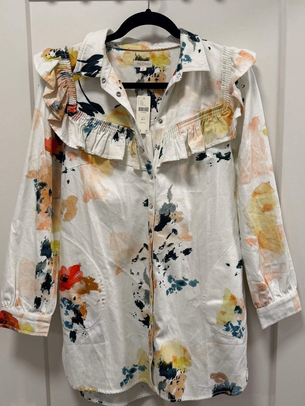 Pilcro White Floral Ruffle-Trim Button Tunic Jacket